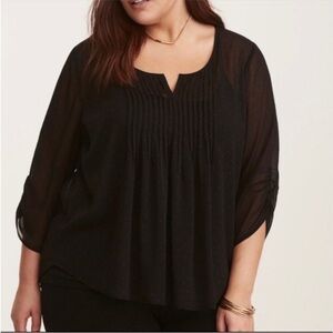 Torrid Black and Blue Dot Pintuck 3/4 Sleeve Sheer Blouse
